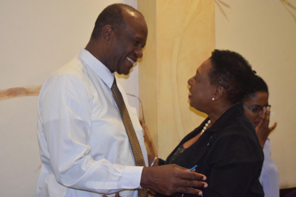 Sport Minister, the Honourable Olivia ‘Babsy’ Grange greets Mr Hugh Faulkner, Vice Chairman, Independent Anti - Doping Disciplinary Panel during an orientation session hosted by the Ministry of Sport for newly appointed board members of the Independe