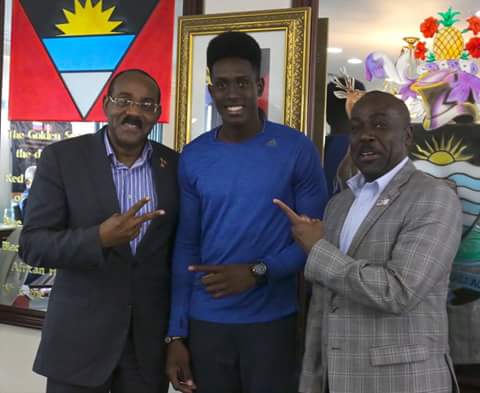 Antigua and Barbudan Sprinting sensation Miguel Francis with Prime Minister, Gaston Browne and Sports Minister E. P. Chet Greene.