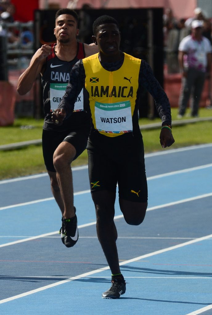 ntonio Watson runs the 200m and wins in 21.10s  ahead of Joakim Genereux at the Youth Olympics in Buenos Aires in Argentina , Saturday, October 13, 2018. His time was second fastest of all heats.