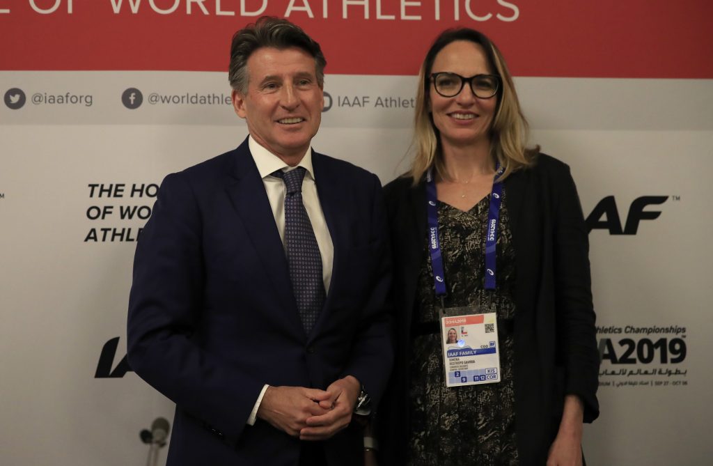 IAAF President Sebastian Coe and IAAF Vice President Ximena Restrepo pose together after talking to the media during a IAAF press conference prior to the 17th IAAF World Athletics Championships Doha 2019 on September 25, 2019 in Doha, Qatar.