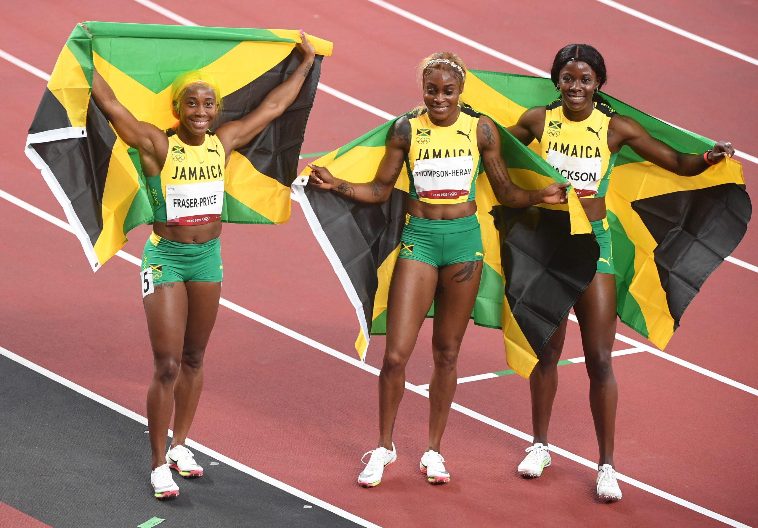 Clean sweep Tokyo 2020 Olympic Games 100m podium finishers Elaine Thompson-Herah, Shelly-Ann Fraser-Pryce, and Shericka Jackson in Paris Diamond League