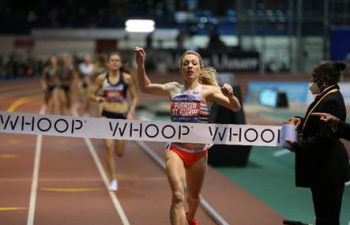 Elle Purrier St. Pierre crosses the finish line to win the WHOOP Wanamaker Women’s Mile at Millrose Games