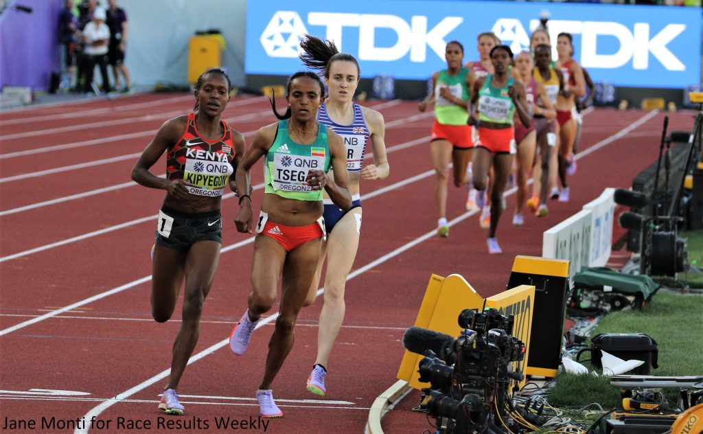 Faith Kipyegon, Guday Tsegay and Laura Muir at the bell of the 1500m at the 2022 World Athletics Championships Oregon22 in Eugene, Ore. (photo by Jane Monti for Race Results Weekly)
