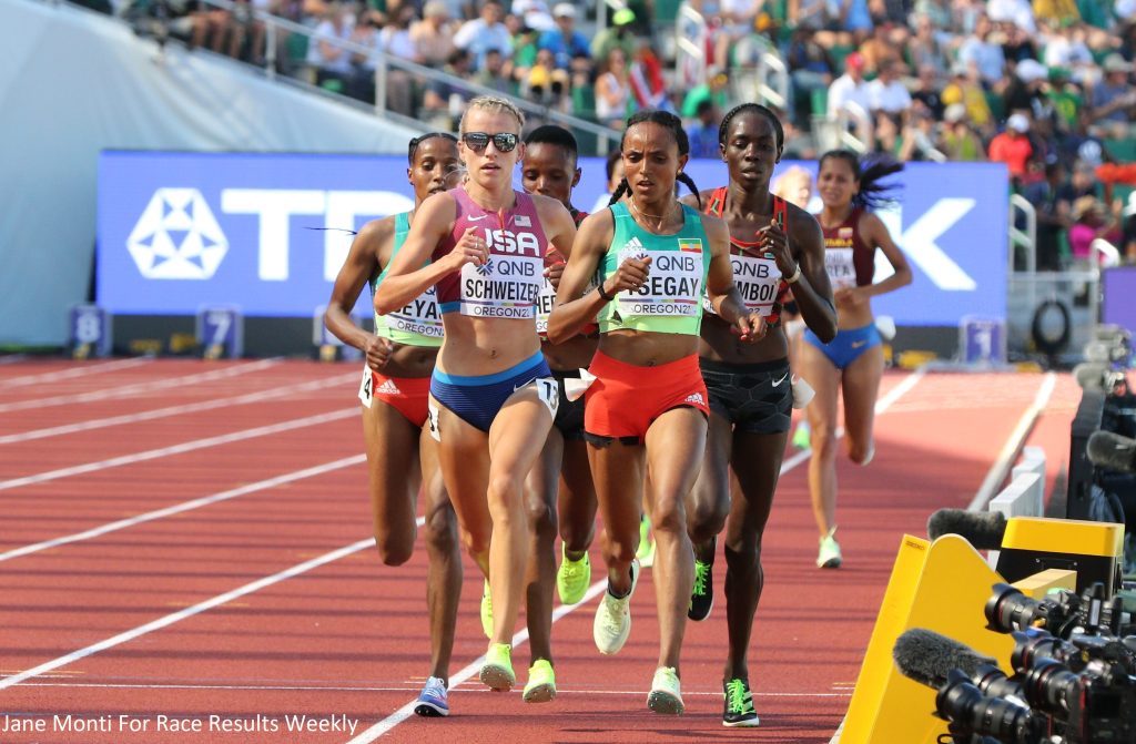 Karissa Schweizer of the USA and Gudaf Tsegay of Ethiopia leading their heat of the 5000m at the World Athletics Championships in Eugene, Ore. (photo by Jane Monti for Race Results Weekly)

