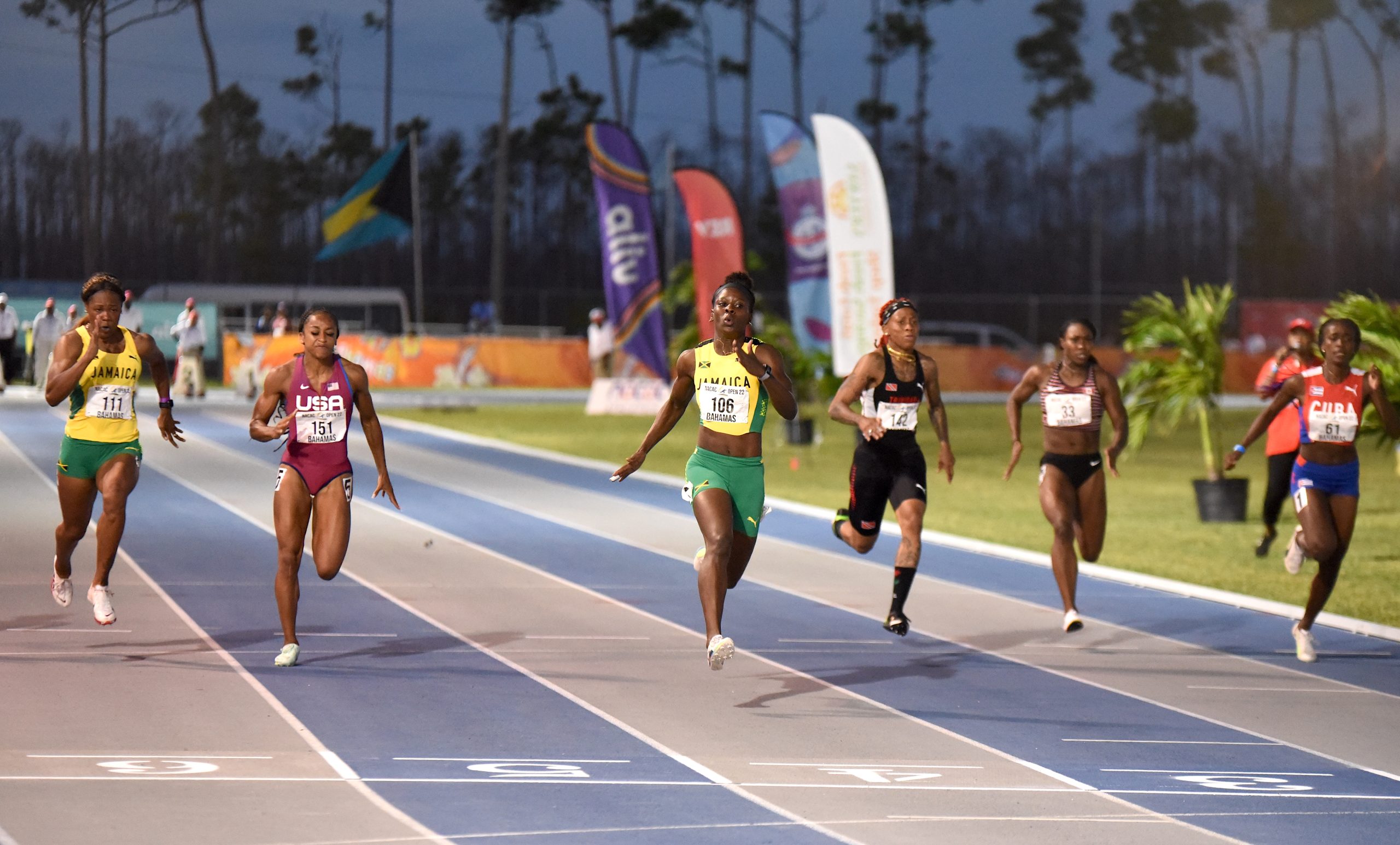 Shericka Jackson wins the women's 100m in a championship record 10.83 at the NACAC Open Championships in Freeport, Grand Bahamas