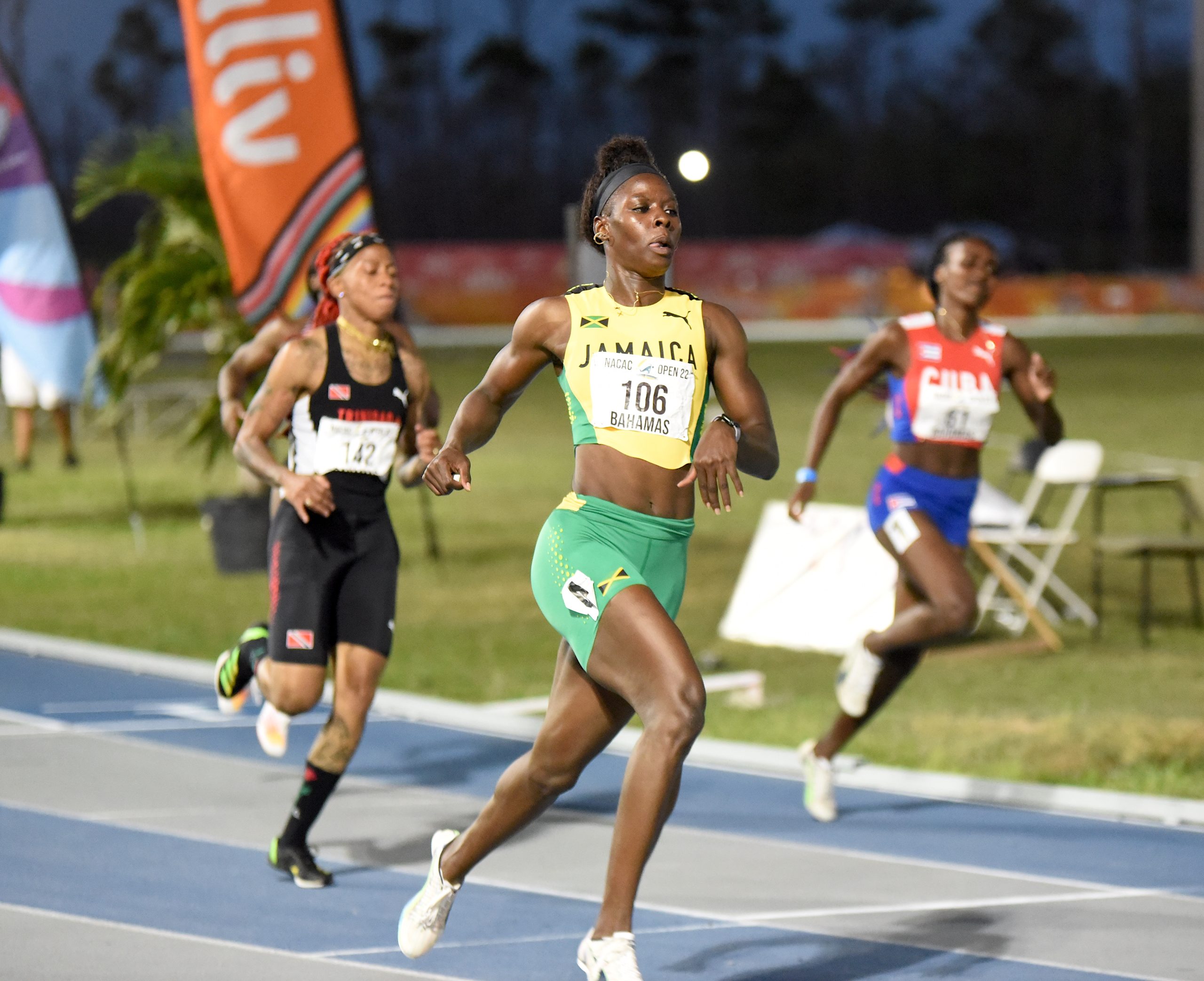Shericka Jackson wins the women's 100m in a championship record 10.83 at the NACAC Open Championships in Freeport, Grand Bahamas.