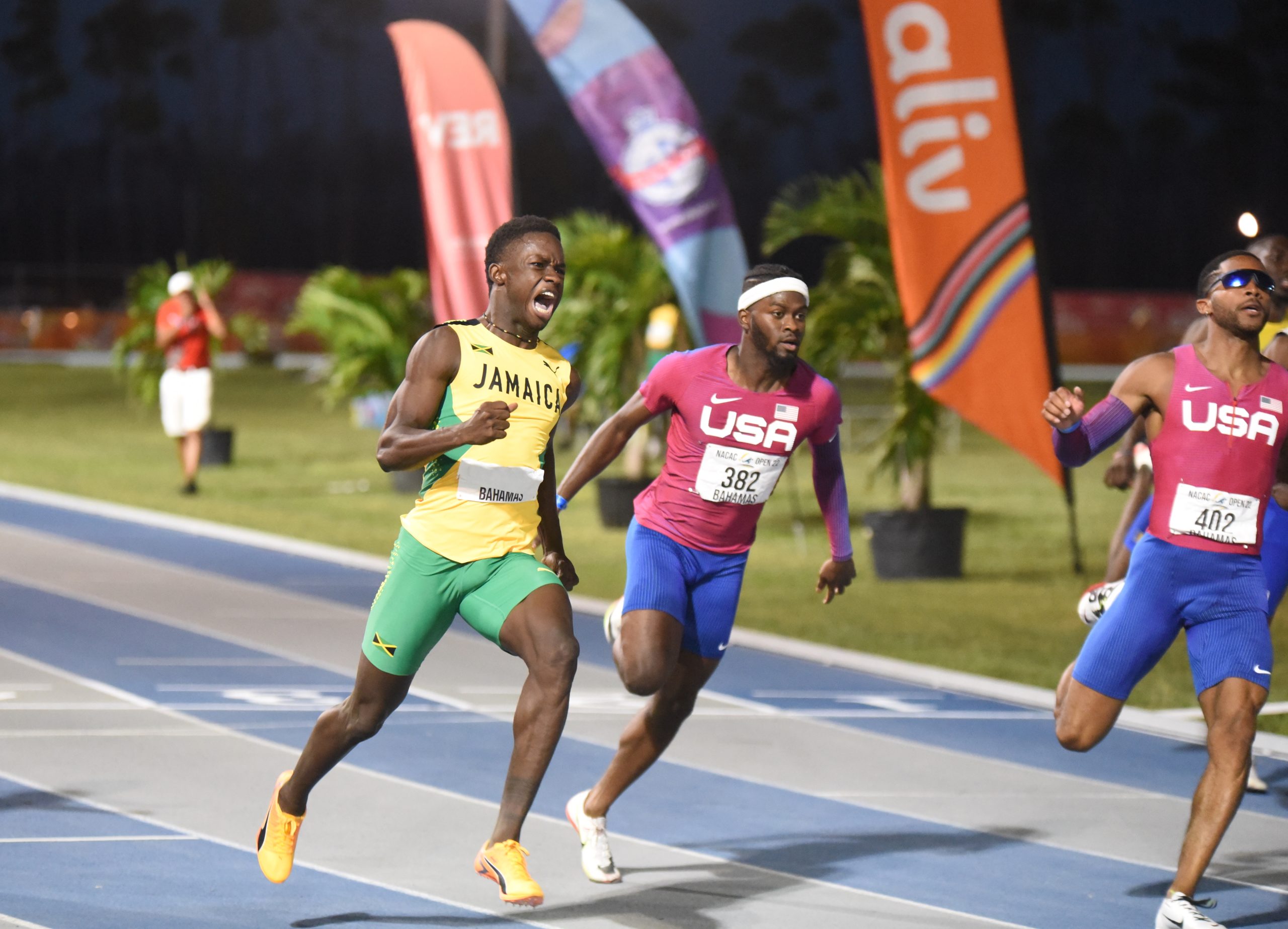 Jamaican Ackeem Blake wins the men's 100m in a championship record 9.98 at the NACAC Open Championships in Freeport, Grand Bahamas