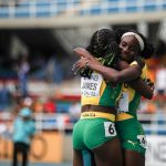 Kerrica Hill and Alexis James celebrate 1-2 finish in the women's 100m hurdles on the final day of the World Athletics U20 Championships