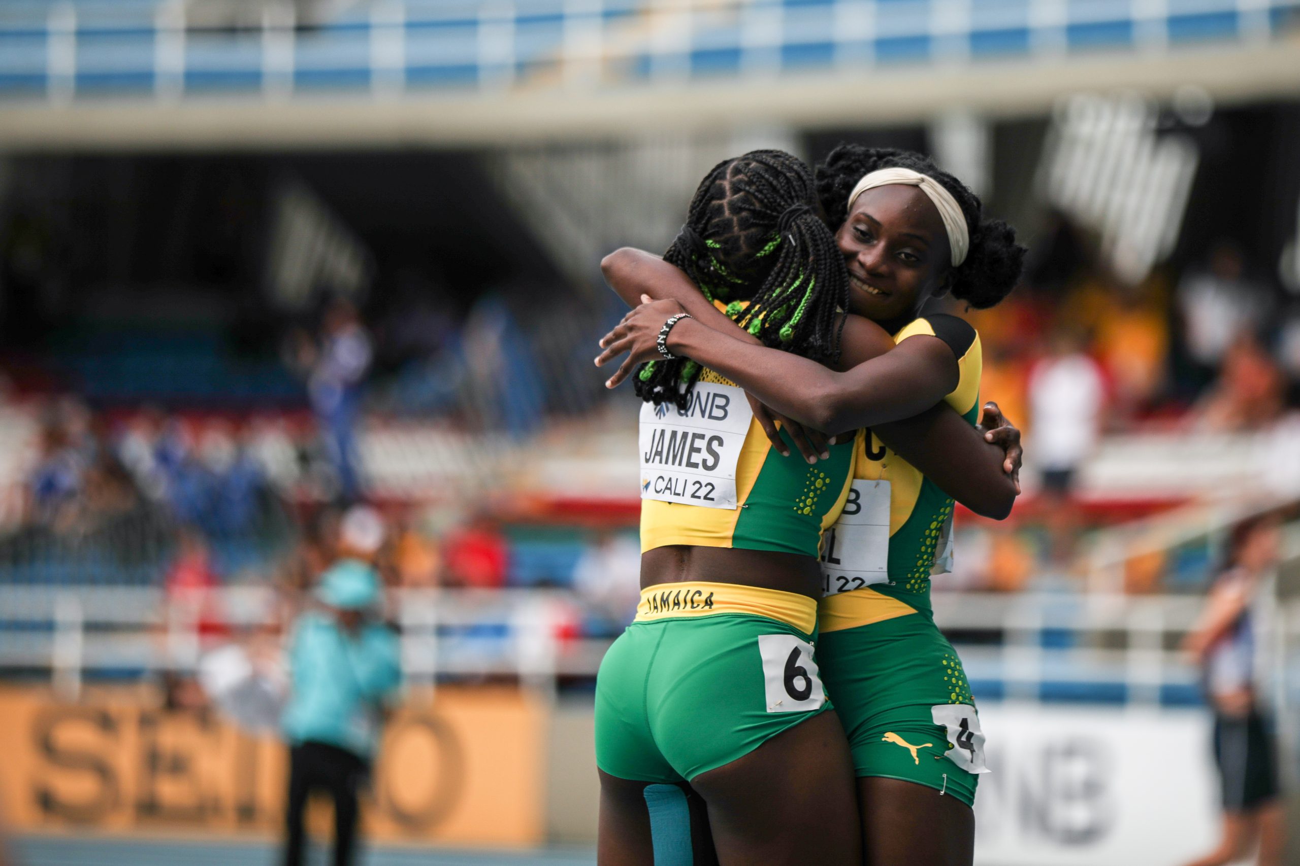 Kerrica Hill and Alexis James celebrate 1-2 finish in the women's 100m hurdles on the final day of the World Athletics U20 Championships