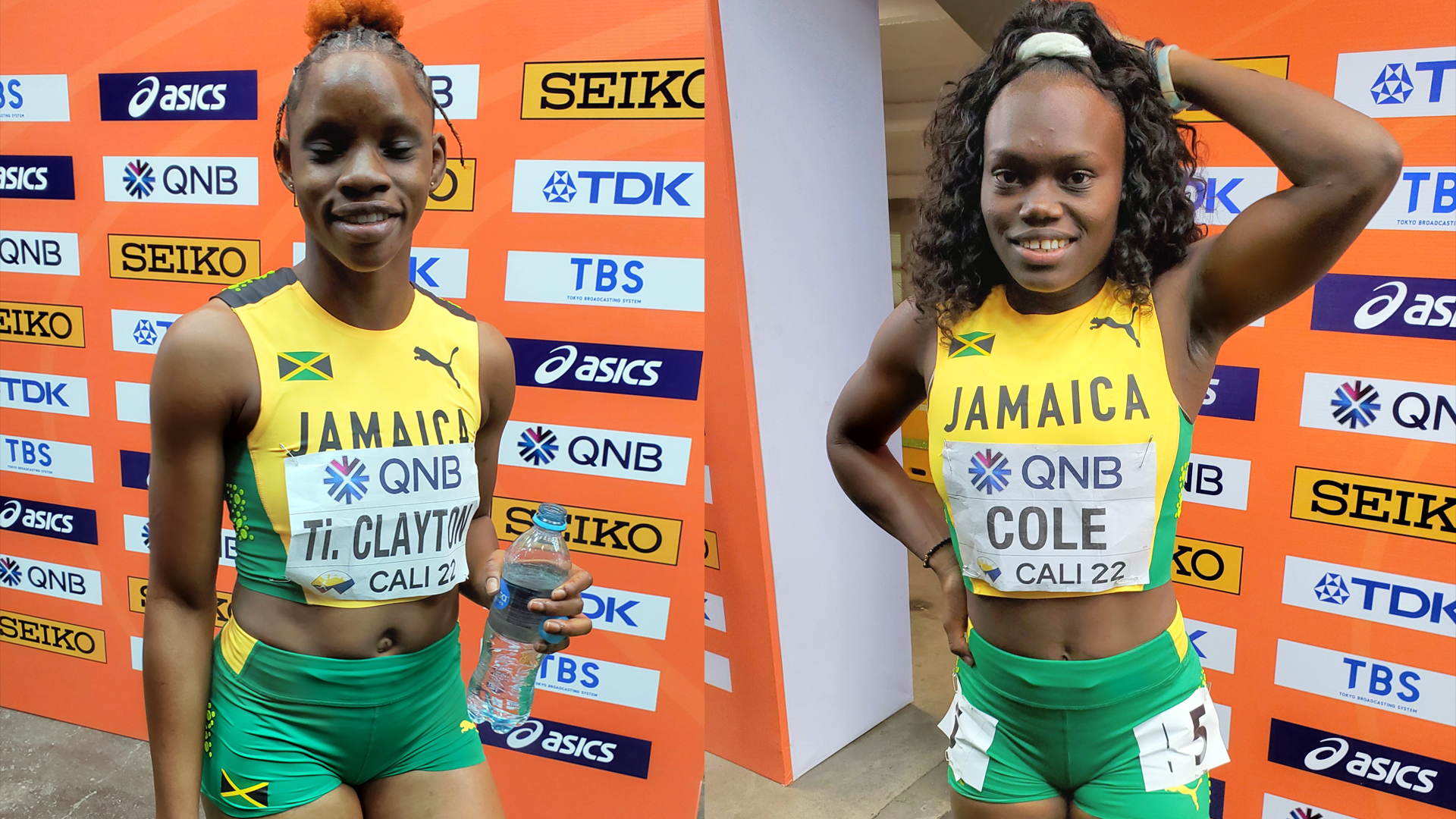Tina Clayton, left, and Serena Cole, both students of Edwin Allen, are into the final of the women's 100m at the World U20 Championships in Cali, Colombia