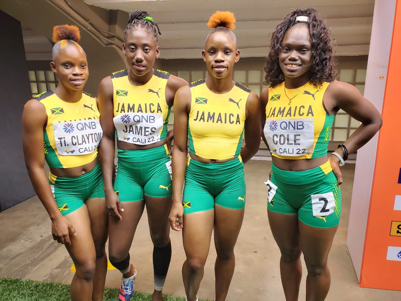 Jamaica women's 4x100m team, left to right, Tia Clayton, Alexis James, Tina Clayton and Serena Cole.
