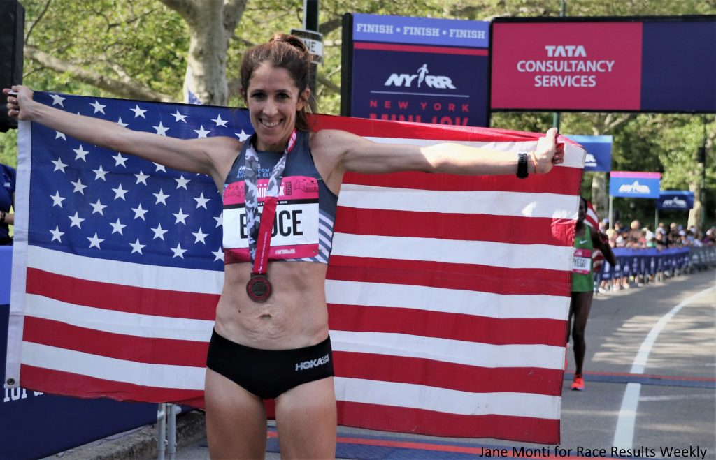 Steph Bruce after finishing second at the 2019 USATF 10-K Championships hosted by the NYRR New York Mini 10-K