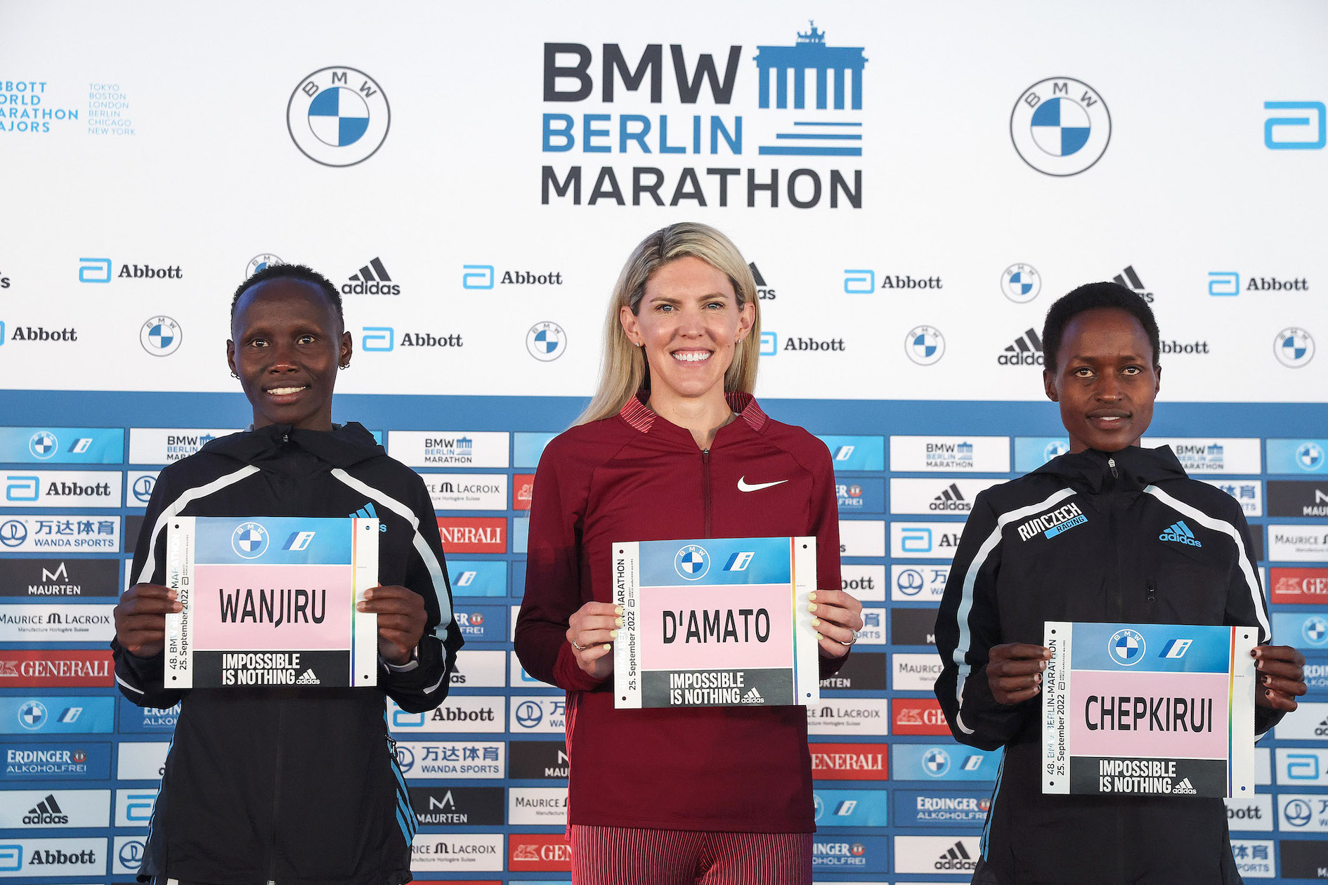 Three of the women who are in contention for the title at the 2022 BMW Berlin Marathon: Rosemary Wanjiru (KEN), Keira D'Amato (USA) and Vibian Chepkirui (KEN)