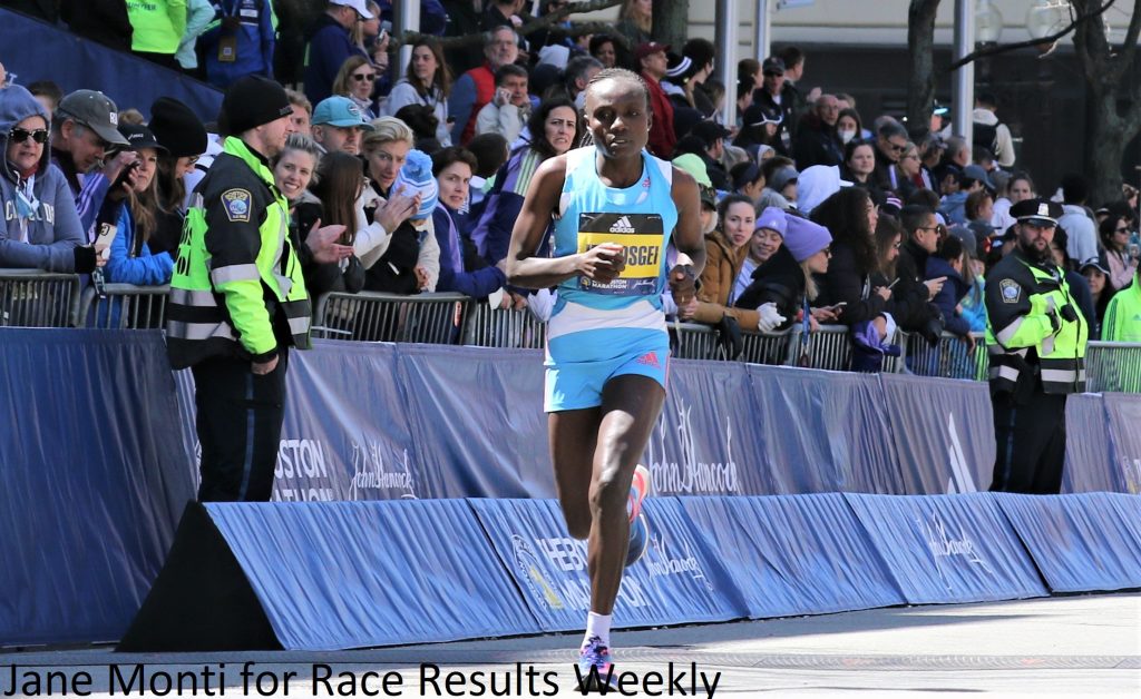 Joyciline Jepkosgei finishing the 2022 Boston Marathon (photo by Jane Monti for Race Results Weekly)

