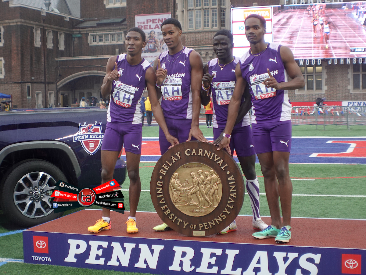 Kingston College Dominates in High School Boys' 4x400 Championship of America at Penn Relays Despite Rainy Conditions.