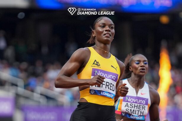 Julien Alfred stormed to a new St. Lucian national record of 21.71 to win the women’s 200m at the London Diamond League