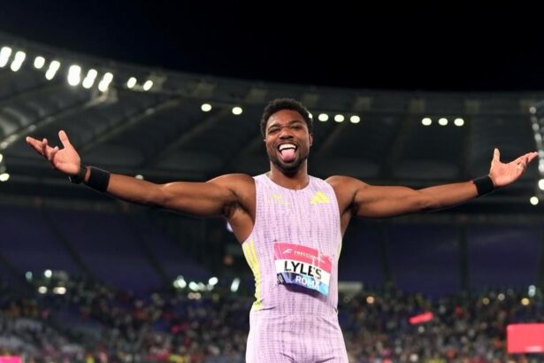 Noah Lyles celebrates after winning the men's 100m at the Golden Gala in Rome