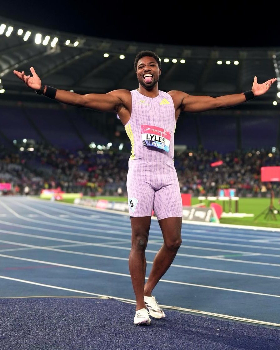 Noah Lyles celebrates after winning the men's 100m at the Golden Gala in Rome