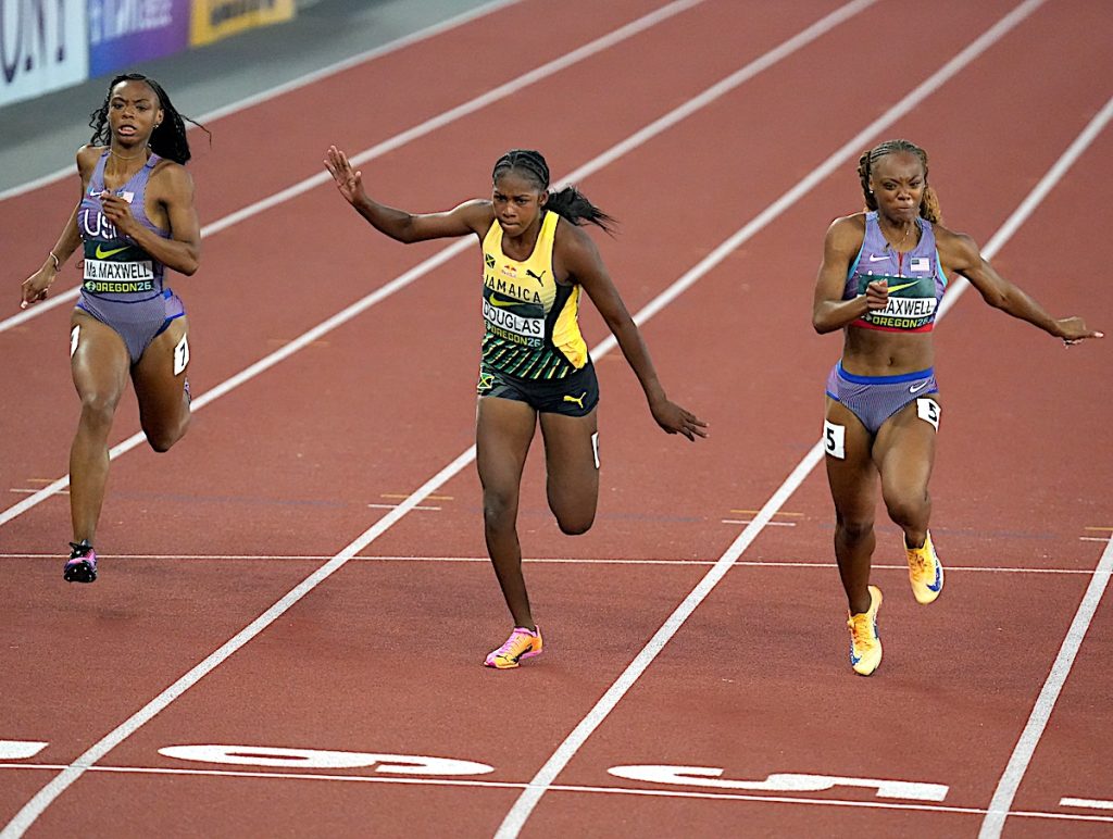 Jamaica’s Shanoya Douglas powers through the women’s 100m final, claiming silver in 11.17 seconds behind American Mia Maxwell at the World Athletics U20 Championships in Eugene, Oregon.