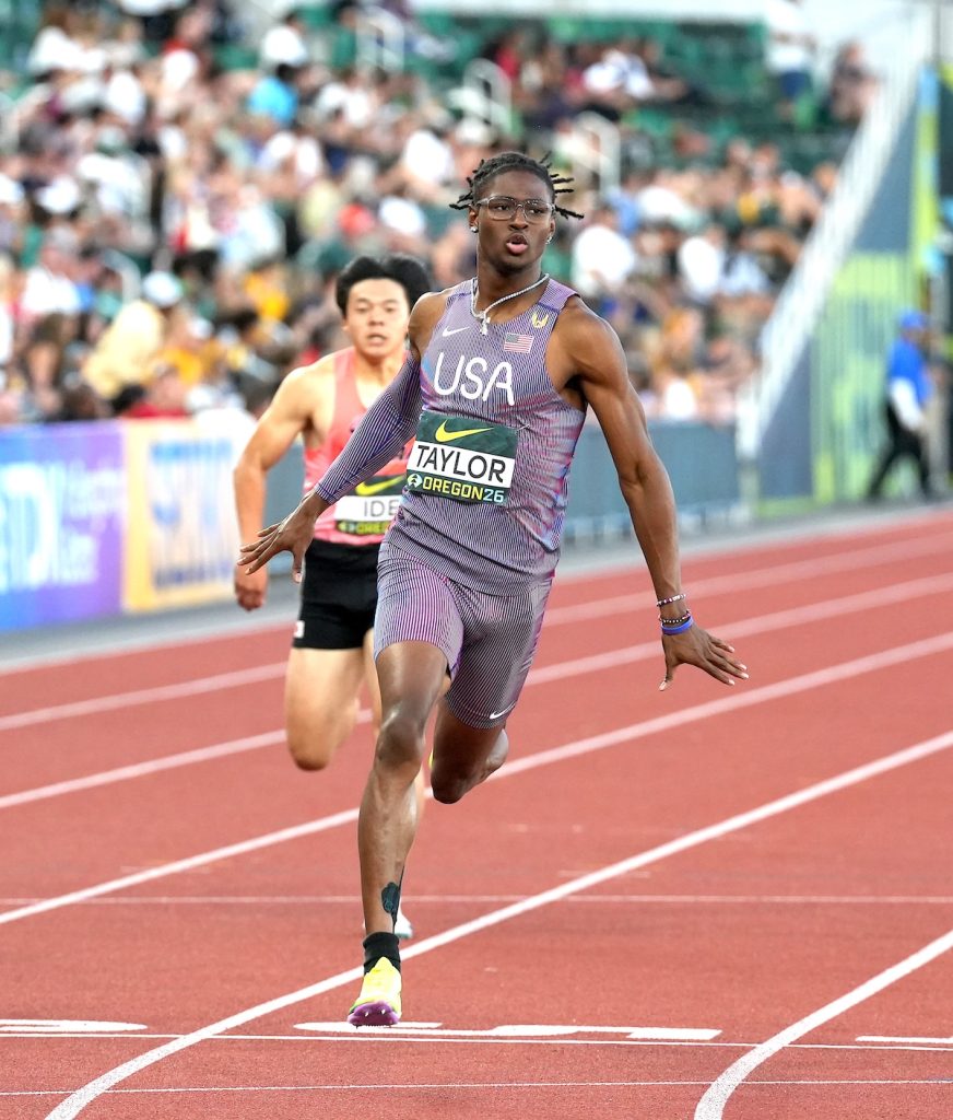 American Tate Taylor powers across the finish line to complete the sprint double at the World U20 Championships, winning the men’s 200m in a championship-record 19.83 seconds after claiming the 100m title in 9.94. Teammate Blake Hamilton took silver in 20.31, while Barbados’ Jayden Green earned bronze in 20.55.