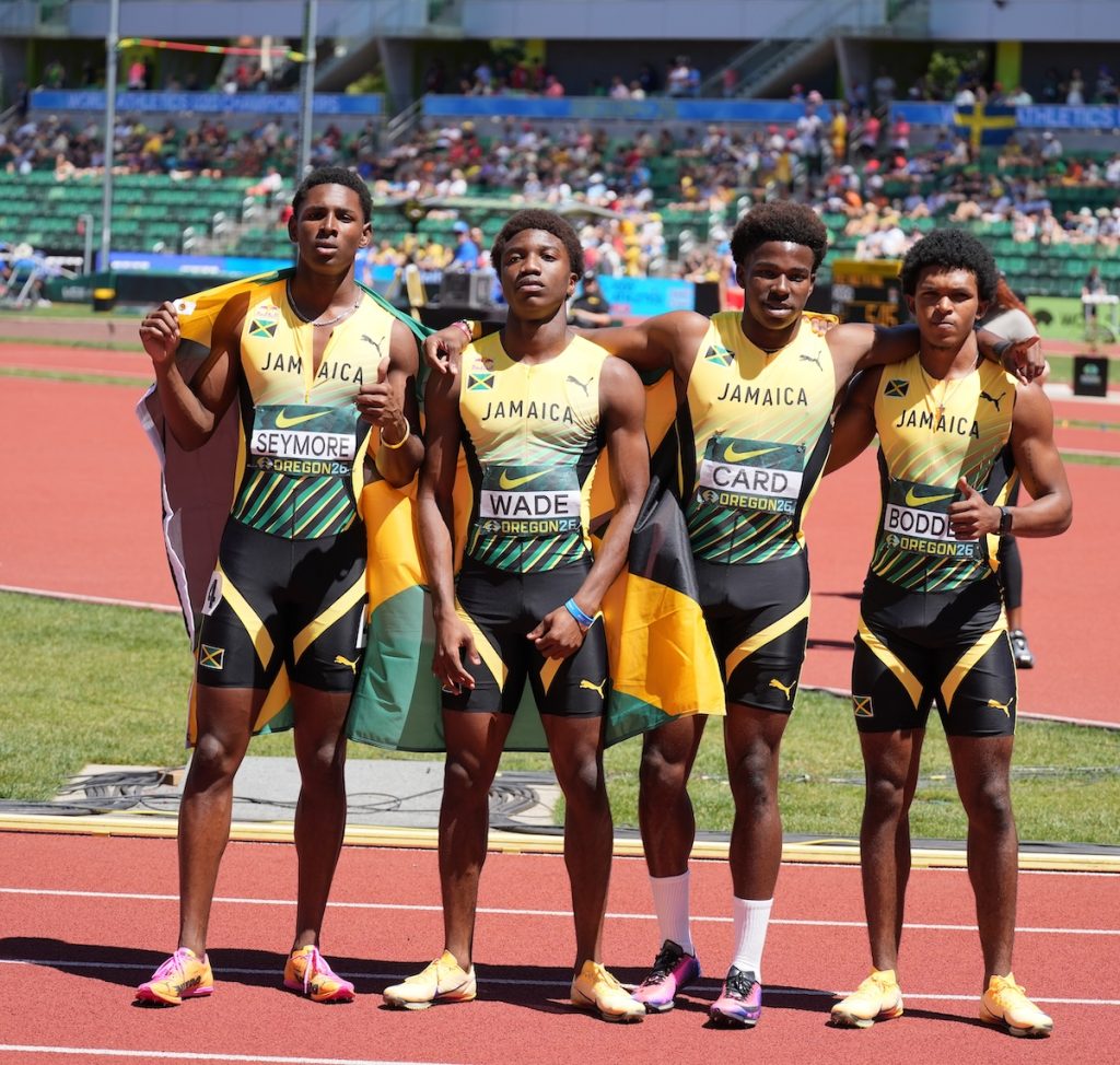 Jamaica wins bronze in the men’s 4x100m relay final!
The quartet of Kyle Bodden, Gary Card, Nyrone Wade and Sanjay Seymore clocked a season’s best 39.01 seconds to finish third at the World U20 Championships.
The United States won gold with a world U20 record of 38.16, while Great Britain took silver in 38.90.